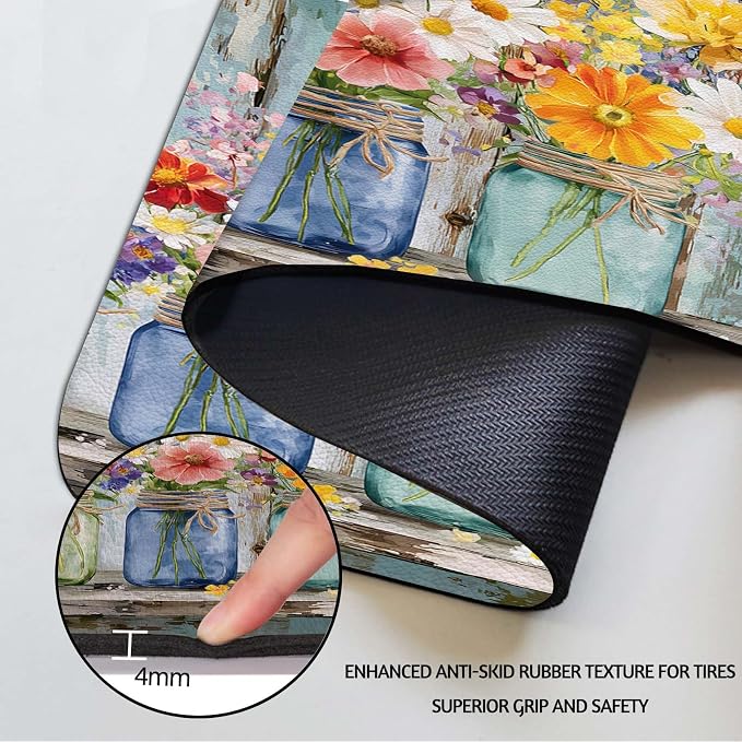 MCALK Floral Vases Dish Drying Mat for Kitchen Counter, Spring Wooden Dish Drying Pad with Anti-Slip Rubber Base, Absorbent Kitchen Sink Mat with Farmhouse Decor (1 pc 18" x 16")