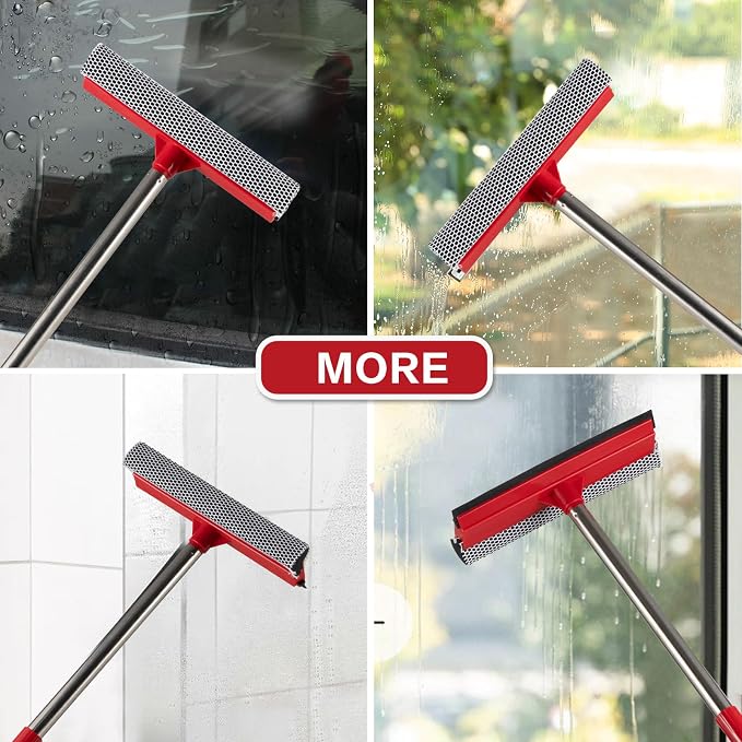 2-in-1 Window Squeegee with 30"-59" Stainless Steel Adjustable Handle - Glass Cleaner for Shower Doors, Car Windshield & High Outdoor Windows (Red)