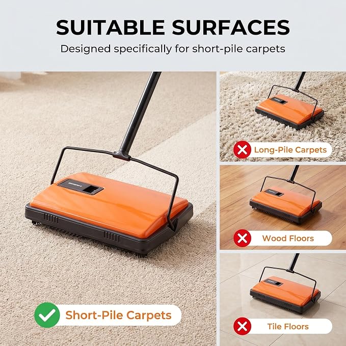 CLEANHOME Manual Carpet Sweeper For Pet Hair and Dust Remove | Rotating Brush Floor Sweeper, Lightweight Push Broom for Classroom Rugs, Non-Electric Lint & Crumb Cleaner, One-Touch Dumping