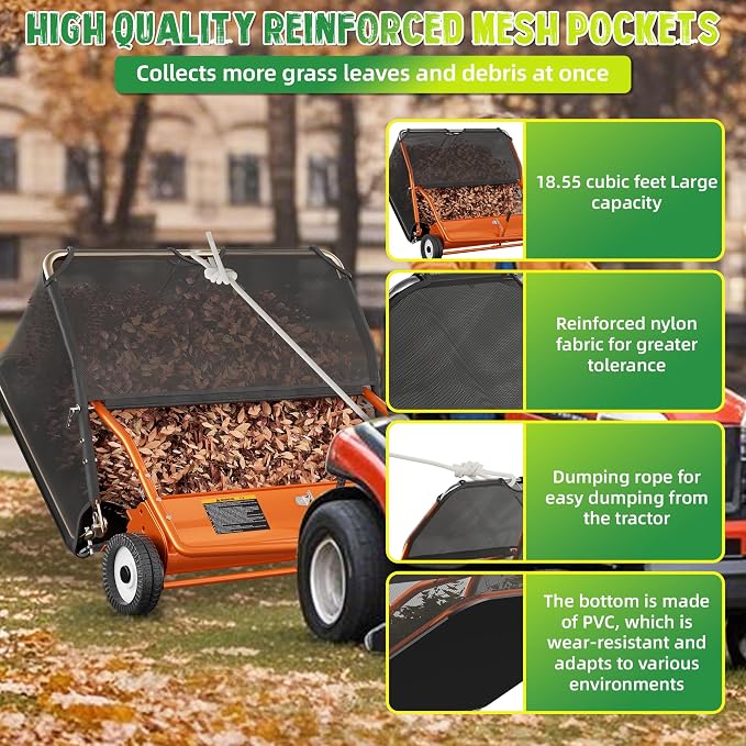48" Lawn Sweeper Tow Behind, Pull Behind Lawn Sweeper with 25.16 cu. ft Large Hopper, Heavy Duty Leaf & Grass Collector, Adjustable Brush Height Lever and Dumping Rope, Lawn and Yard Cleanup Tool