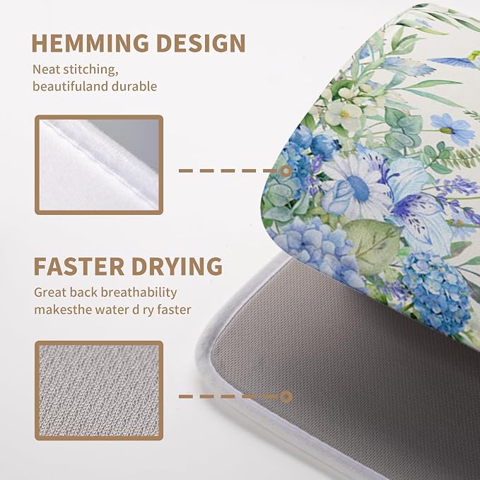 Blue Hydrangea Dish Drying Mat for Kitchen Counter 18 x 24 Inch Spring Floral Hummingbird Butterfly Absorbent Microfiber Dish Mat Reversible Washable Heat Resistant Dry Pad for Coffee Bar