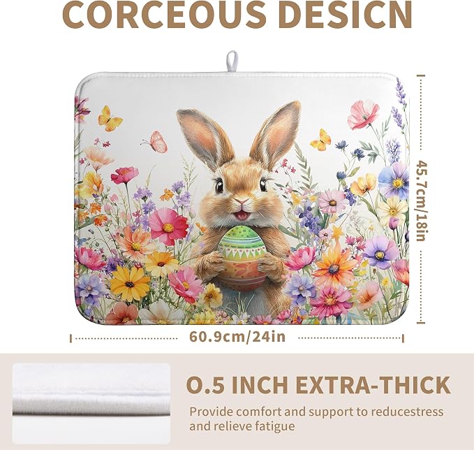 Spring Easter Dish Drying Mat for Kitchen Counter Easter Bunny Rabbit Eggs Flowers Dishes Drainer Mats 18x24 Microfiber Absorbent Large Dish Drying Pad for Kitchen Countertop Tableware Decor