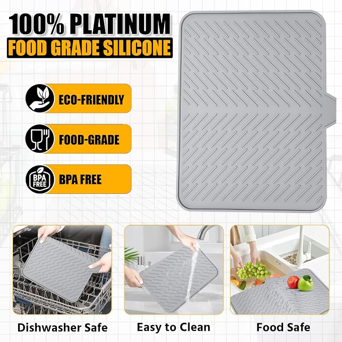 Luxet Silicone Dish Drying Mat with Built-in Drain Lip - Hygienic Drying Pad - Sturdy Compact Easy to Clean Tray Protects Surfaces Prevents Water Build Up - 23 X 17 (Grey)