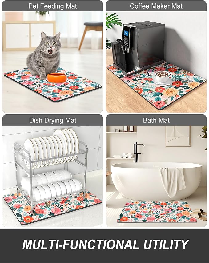 Rnivvi Dish Drying Mat for Kitchen Counter, XL 15 x 24" Cute Flower Super Absorbent Draining Pad, Non-Slip Heat Resistant Coffee Bar Mats for Coffee Machine Station Accessories, Colorful Dish Rack Pad