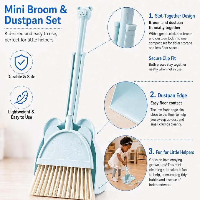 Kids Broom and Dustpan Set, Mini Toddler Broom for Pretend Play Cleaning, Child-Sized Little Housekeeping Helper Set, Blue