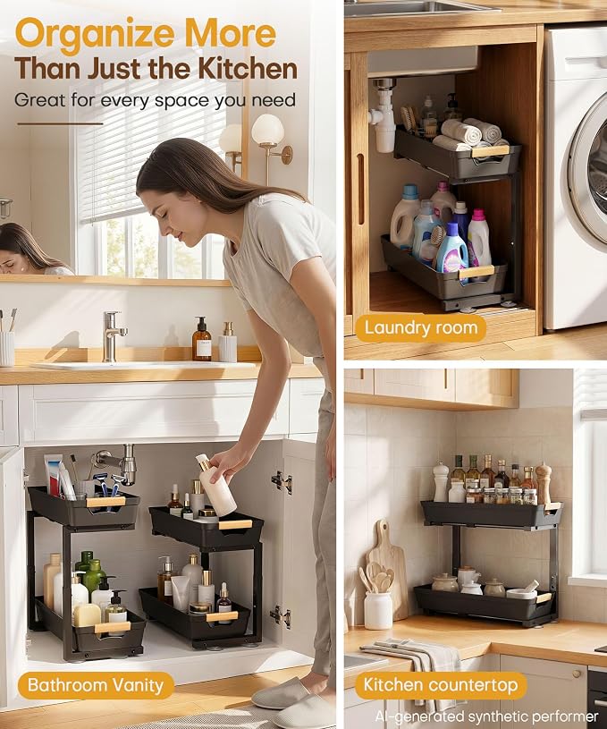 Homde Sliding Under Sink Organizer: 2 Pack 2-Tier Cabinet Shelf with Upper & Lower Pull-Out Baskets - C-Shaped 3 Adjustable Heights for Kitchen Bathroom