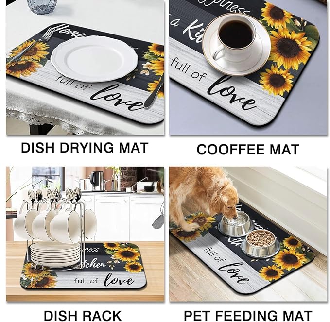 Dish Drying Mat 2-Pack Sunflower Quote for Kitchen Counter Dishes Mat | Diatom Mud Mats (18x24, 19.5x12"). Non-slip rubber back for kitchen counter, coffee bar & sink scenes