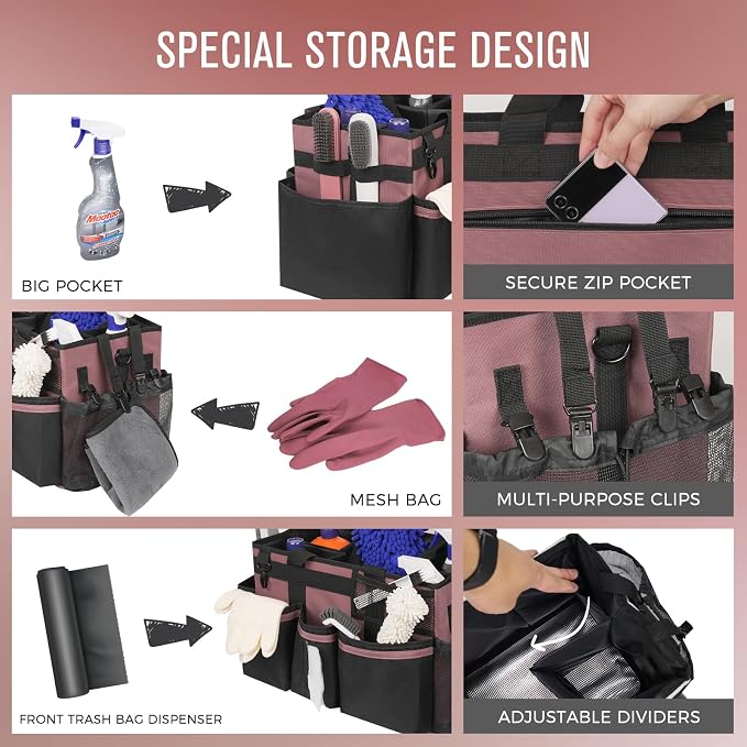 SCAVATA Wearable Cleaning Caddy, Cleaning Caddy Supplies Organizer with Handle & Shoulder Straps for Housekeepers, Under Sink & Car Cleaning Tool Organizers Bag with 4 Foldable Divider (LotusPink)