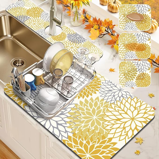 Findosom 2PCS 12" x 20" Fall Dish Drying Mat & 24" x 5.5" Sink Splash Guard, Super Absorbent & Cuttable Dish Mat Drying Kitchen Mat with Yellow Floral, Hide Stain Drying Mat for Kitchen Counter