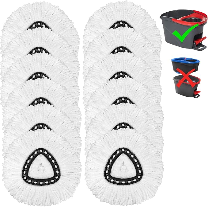 Tidy Monster 12 Pack Reusable Microfiber Mop Head Refill for Standard Universal Spin Mop, Anti-abrasive, No Scratch, Round Shape, Standard Size, White, Sealed Hard Floors