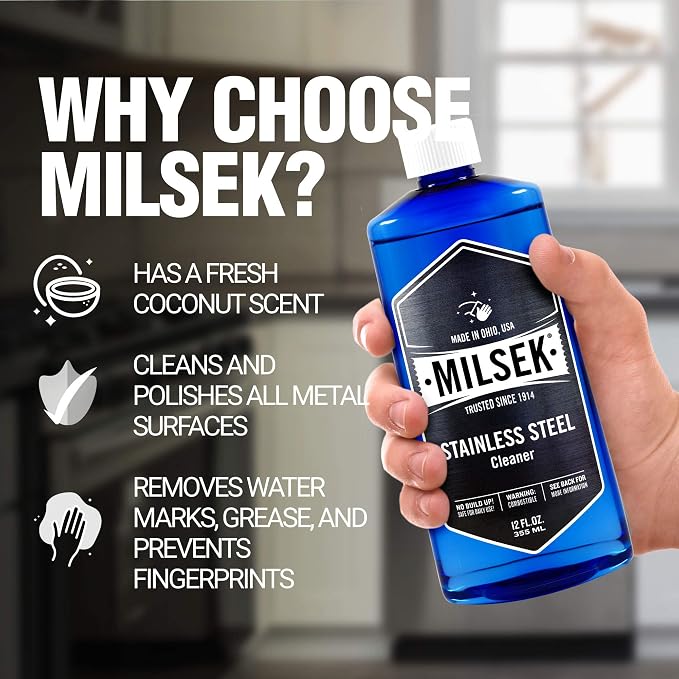 Milsek Stainless Steel Cleaner - Multipurpose Cleaning Supplies for Home and Kitchen Appliances, Sink, Stovetop, Dishwasher, Microwaves and Refrigerators - 12 Fl Oz (Pack of 12)