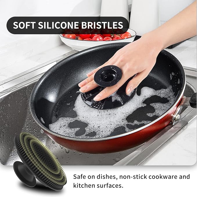 Silicone Dish Scrubber, Non-Scratch Scrub Spong for Washing Dish, Pot, Pan | Kitchen Silicone Sponge, Fruit & Vegetable Cleaning Brush, Reusable Dishwashing Scrubber, Suction Up Hang, 1 Pack, Black