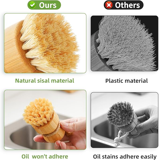 SUBEKYU Bamboo Dish Scrub Brushes, Bubble Up Bamboo Dish Brush Set with Brush Tray, Kitchen Wooden Cleaning Scrubbers Set for Washing Cast Iron Pan/Pot, Natural Sisal +Coconut Palbristles, Set of 2
