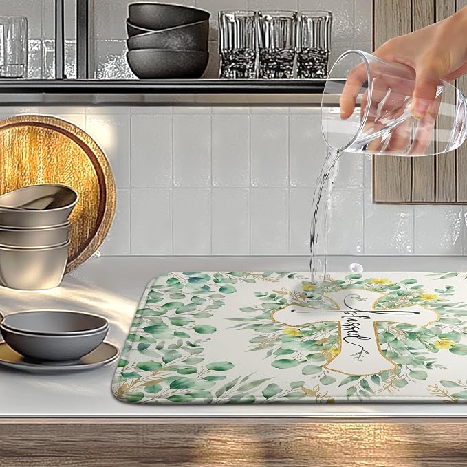 Spring Summer Cross Blessed Dish Drying Mats Spring Eucalyptus Leaves Dish Mat Drying Matt Floral Dishes Dryer Pad for Kitchen Counter Absorbent Microfiber Washable Foldable Reusable 18x24 in
