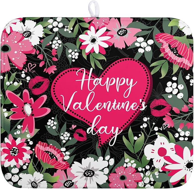 Heart Dish Drying Mat - 16x18 Inch Absorbent Dish Drainer Rack Mat - White Red Rose Floral Drying Pad - Valentine's Day Kitchen Accessories