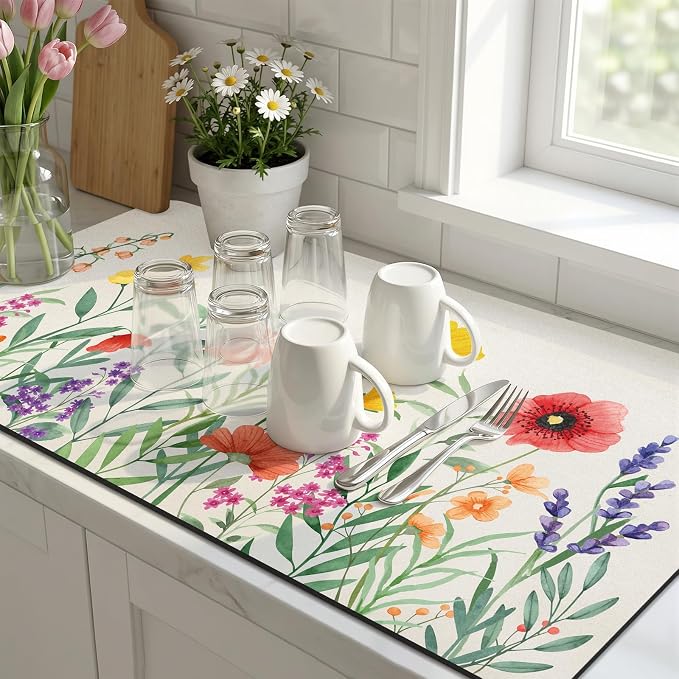 LOKHOM Dish Drying Mat for Kitchen Counter, 17"x32" Absorbent Coffee Bar Mat with Spring Floral, Dish Drainer Rack Mat for Kitchen Counter