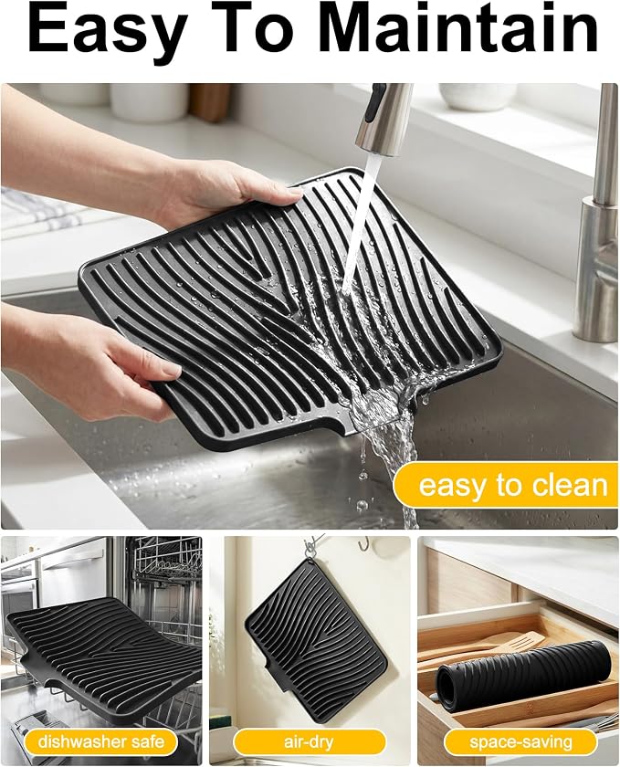 Silicone Dish Drying Mat for Kitchen Counter, Non-Slip Drain Pad with Built-in Drain, Heat Resistant Dish Drying Pad, Multi-Use Drying Mat, Dishwasher Safe & Hangable, Black, 19.7" x 15"