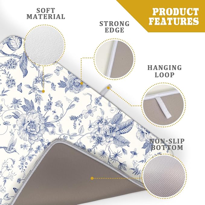 Giwawa Chinoiserie Flower Dish Drying Mat Blue Leaves Dishes Drying Pad Reusable Washable Kitchen Countertop Protector Dish Drainer Mat 18x24 Inch