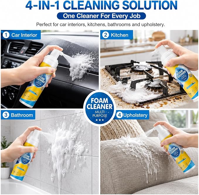 Foam Cleaner, 4-in-1 Multi-Enzyme Foam Cleaners, New Foam No-Rinse Cleaner,Multifunctional Foam-Cleaner Deep Cleaning Spray for Car Interior Leather Car Seat Cleaner, Kitchen Grease, Sofa Upholstery