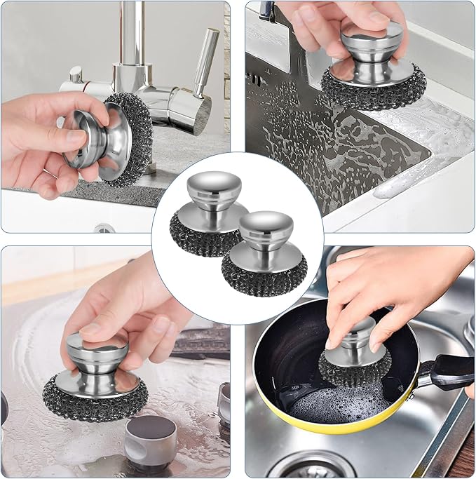 4Pcs Steel Wool Scrubber Set, Stainless Steel Scrubber with Stainless Steel Handle, for Cleaning Dishes, Cast Iron, Stock Pots, Pans, Griddles, Grills