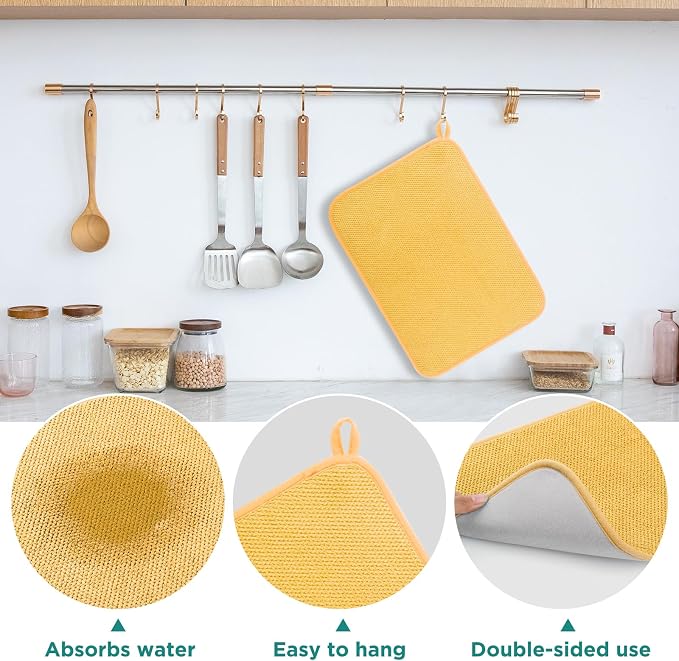 GeeRic Microfiber Dish Drying Mat, Super Absorbent Kitchen Dish Drying Pad, Reversible for Countertop, 15*20 inch Yellow