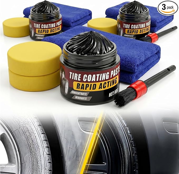 Premium Tire Coating Paste & Black Trim Restorer, Drip-Free Ceramic Rubber Polishing Wax Revives Deep Shine, UV Protection for Auto Interior Exterior, Includes Brush Towel & Sponge (3Pcs)