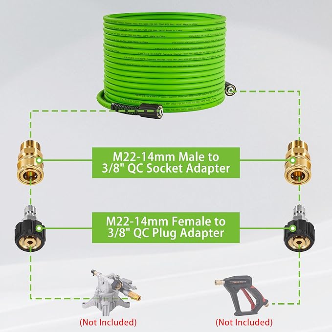 PWACCS Pressure Washer Hose, 50 FT x 1/4", 3600 PSI, M22 Fittings | Kink Resistant, Pressure Washing Extension Hose Replacement, 5 Adapters for Electric Power Washers