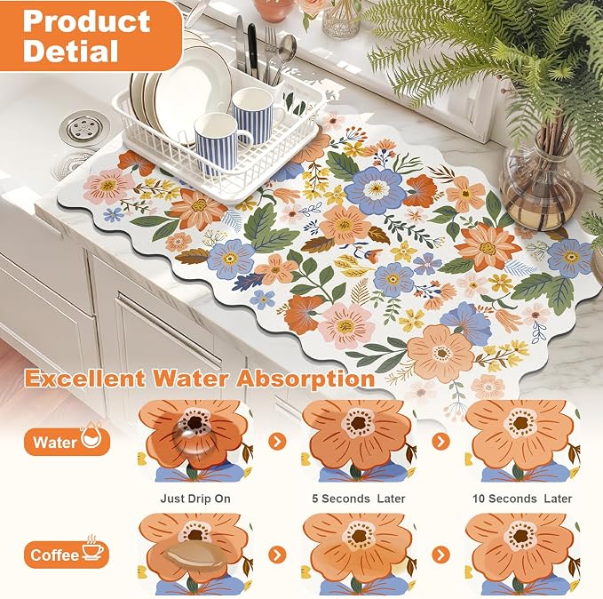 LOKHOM Scalloped Floral Dish Drying Mat, 17"x32" Super Absorbent Coffee Mat with Unique Spring Wildflowers, Cuttable Hide Stain Non-slip Drying Mat for Kitchen Counter Coffee Maker Espresso Machine