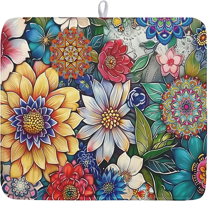 Boho Floral Dish Drying Mat for Kitchen Counter 16x18 Inch Boho Blooming Flower Dishes Pad Super Absorbent Drying Mat Heat Resistant Dish Drying Pad Anti-Slip Dish Mat Fast Dry Kitchen Bar Accessories