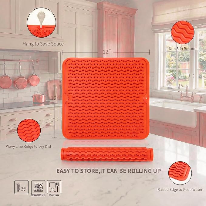 MicoYang Silicone Dish Drying Mat for Multiple Usage,Easy clean,Eco-friendly,Heat-resistant Silicone Mat for Kitchen Counter or Sink,Refrigerator or Drawer liner Orange M 12 inches x 12 inches