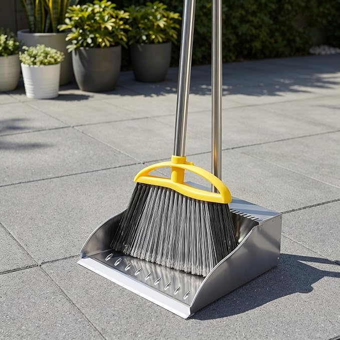 Broom and Dustpan Set, Outdoor Heavy Duty Broom with Stainless Steel Dustpan,Stiff Bristles Broom and Metal Dust Pan for Home
