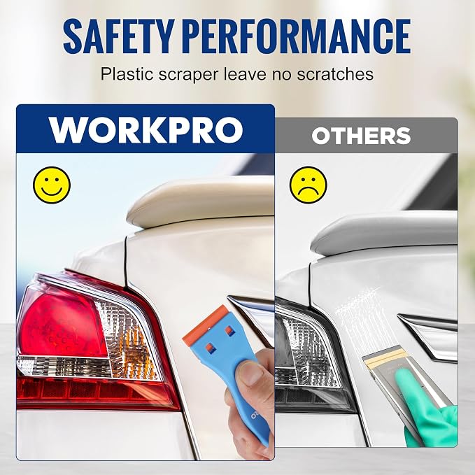 WORKPRO Plastic Razor Blade Scraper Kit, 3 Scrapers with 120 Blades | Safer Plastic Blade Design, Helps Reduce Scratches, Removes Stickers, Labels, Glue & Residue from Glass, Windows & More