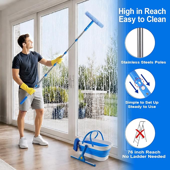 Window Cleaning Kit, Window Washing Kit with 3 Gallon Collapsible Bucket, 14-Inch Squeegee & 15-Inch Scrubber, 76-Inch Extendable Pole, Window Washing Equipment for Home & Commercial (76 inch)