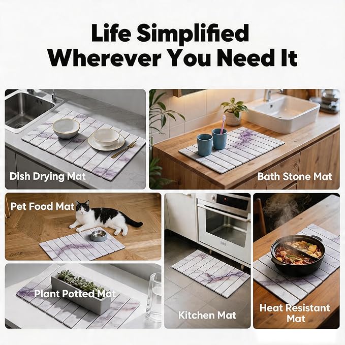 Stone Drying Mat for Kitchen Counter, Quick Diatomaceous Earth Mats for Dishes, 24"L x 16" W Super Absorbent Fast-Drying Collapsible Countertop Stone Mat (Marble White-06, 24" x 16")