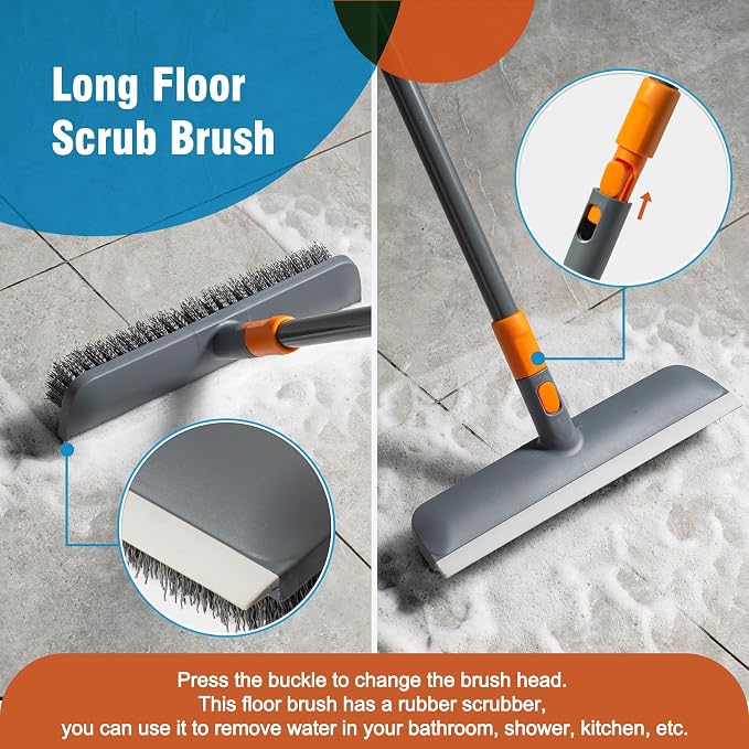 CLEANHOME Floor Scrub Brush Tile Tub Scrubber Brush | 4 Different Cleaning Heads, Shower Brush, 56" Extendable Long Handle, For Kitchen, Bathroom, Tub, Tile, Wall