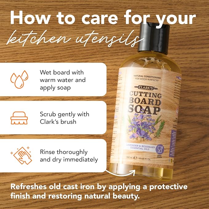 CLARK'S Cutting Board Organic Soap - Enriched with Lavender & Rosemary Oils - Cleaner for Butcher Block, Countertop and Utensils - Cleans and Restores Wood - Use Before Food Grade Mineral Oil
