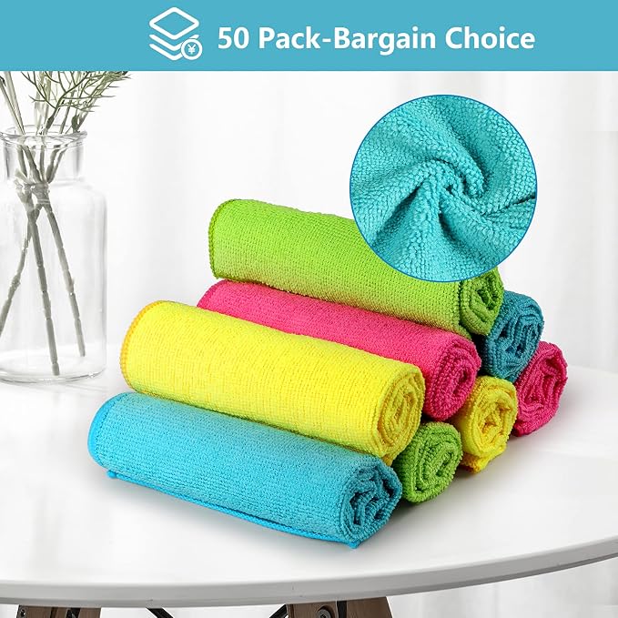 HOMEXCEL 50PK Microfiber Cleaning Cloth, Cleaning Rag for Home, 11.5x11.5in | Reusable, Lint Free, Scratch-Free and Highly Absorbent Towels for Kitchen, Window and Glass, Cars (Green/Blue/Yellow/Pink)