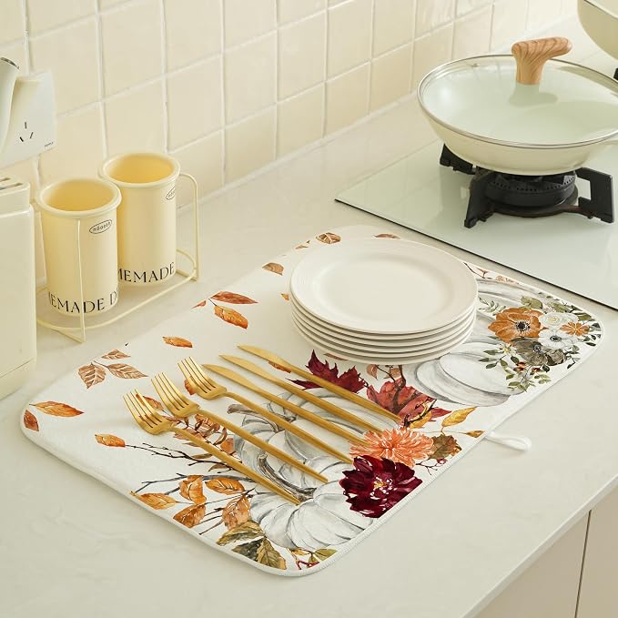 Fall Dish Drying Mat 18x24 Inches For Kitchen Counter Orange White Pumpkin Leaves Kitchen Decor Drying Mat Decorative Autumn Thanksgiving Drying Pad for Home Kitchen,Dining Room Decoration