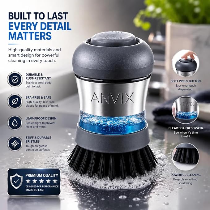 Soap Dispensing Palm Brush 2 Pack, Dish Scrubber with Built in Soap Dispenser, Stainless Steel Body, Replaceable Brush Head, Non Scratch Nylon Bristles for Dishes, Pots, Pans, Nonstick Cookware