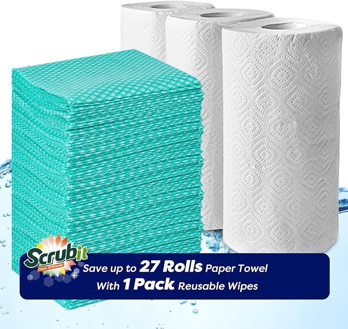 SCRUBIT Reusable Cleaning Wipes, Handy Wipes for Kitchen and Office - Dish Cloths for Washing Dishes - Multi Purpose Disposable Cleaning Towels (12 x 20 in) 72 Pack (Green)