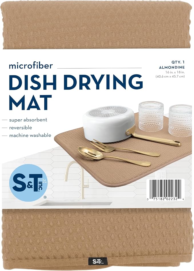 S&T INC. Dish Drying Mat, 16" x 18", Large, Diamond Texture, Tan | Absorbent Microfiber, Kitchen Counter Mat for Dishes, Utensils, Pots and Pans, Machine Washable