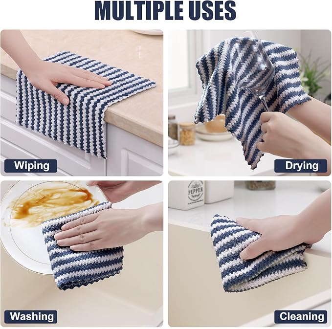Homaxy 12 Pack Kitchen Dish Cloths, Ultra Soft and Absorbent Dish Towels, Reusable Fast Drying Microfiber Cleaning Cloth, Coral Velvet Wave Design No-lint, 10 x 10 inches, Navy Blue
