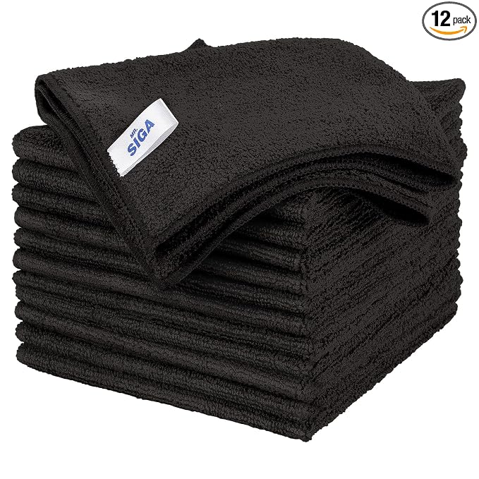 MR.SIGA Microfiber Cleaning Cloths, Streak Free Microfiber Towels, 12 Pack | All-purpose microfiber cloths, ultra absorbent, reusable household cleaning towels, Black, 32 x 32 cm(12.6 x 12.6 inch)