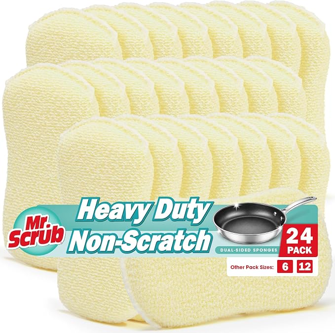 Mr. Scrub Sponges Kitchen Scrub Dish Sponge Scouring Pad, 24 Pack Cleaning Brush Scrubber Supplies for Soap, Dishwashing Dinnerware Sets Pan Pot Glass Dishwasher Sink Bathroom Towels Cloth Rags Holder