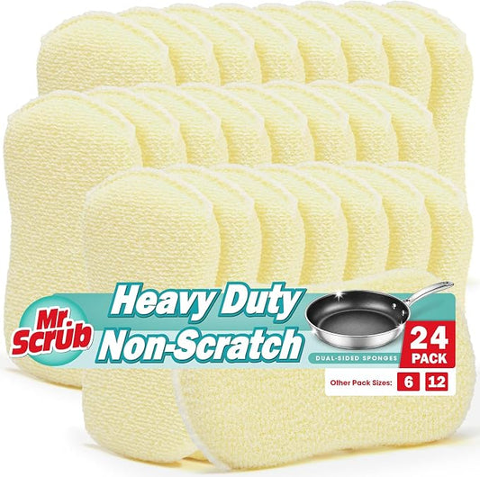 Mr. Scrub Sponges Kitchen Scrub Dish Sponge Scouring Pad, 24 Pack Cleaning Brush Scrubber Supplies for Soap, Dishwashing Dinnerware Sets Pan Pot Glass Dishwasher Sink Bathroom Towels Cloth Rags Holder