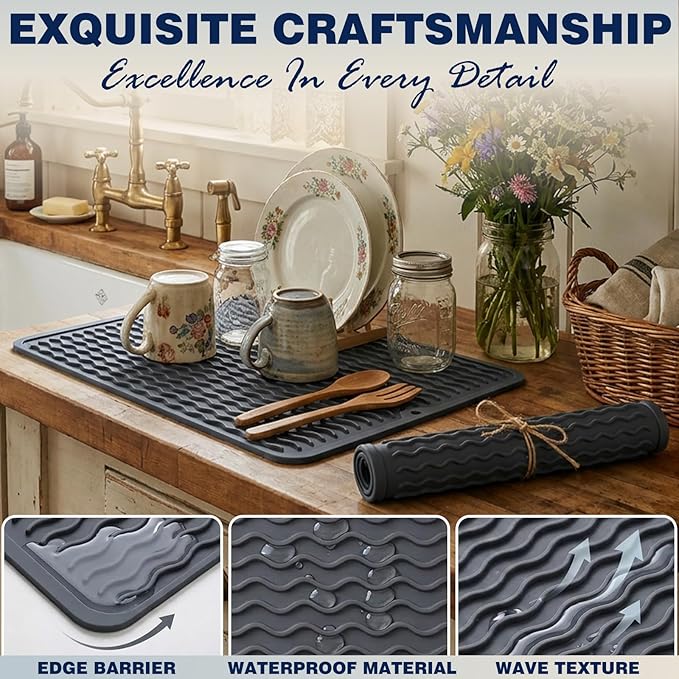 2 Pack Caketime Silicone Dish Drying Mat for Kitchen Counter Cooking Baking Espresso Machine Gears Appliance Stone Rack Trays Drain Extra Large Mat 18"*16