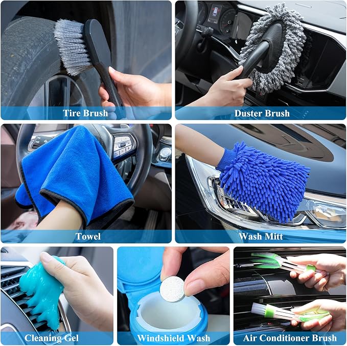 32Pcs Car Detailing Brush Set, Car Detailing Kit, Auto Detailing Drill Brush Set, Car Detailing Brushes, Car Wash Cleaning Tools Kit with Wash Mop for Interior, Exterior, Wheels, Blue