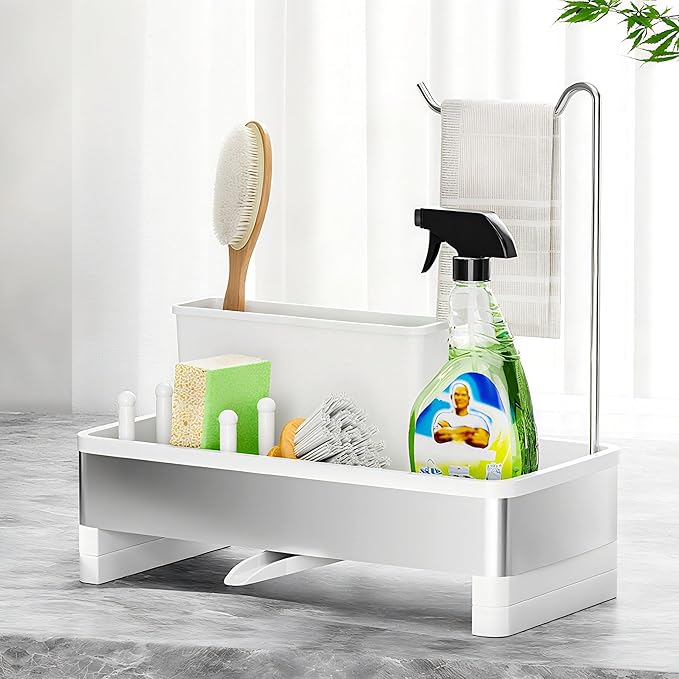 Ewaiira Sponge Holder for Kitchen Sink, Stainless Steel Sink Caddy with Brush Holder & Dishcloth Rack, Countertop Sink Organizer, Soap Dispenser Kitchen Organizers Storage Essentials (E-White 9.8″)