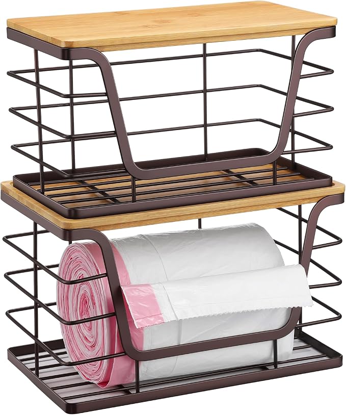 ALOCEO 2 Pack Stackable Wire Storage Basket with Bamboo Lid, Trash Bag Dispenser Under Sink for 4-13 Gal Bags, Kitchen Storage Bins for Potato and Onion, Brown