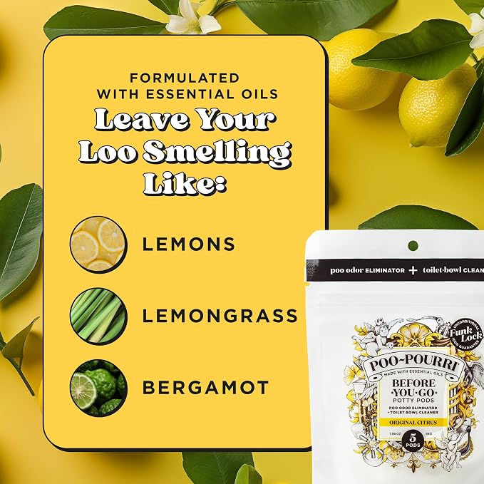 Poo-Pourri Before-You-Go 2-in-1 Toilet Potty Pods, Original Citrus, 5 Ct, Bathroom Odor Deodorizer and Toilet Cleaner with Essential Oils, Lemon, Bergamot and Lemongrass Scent (Pack of 4)